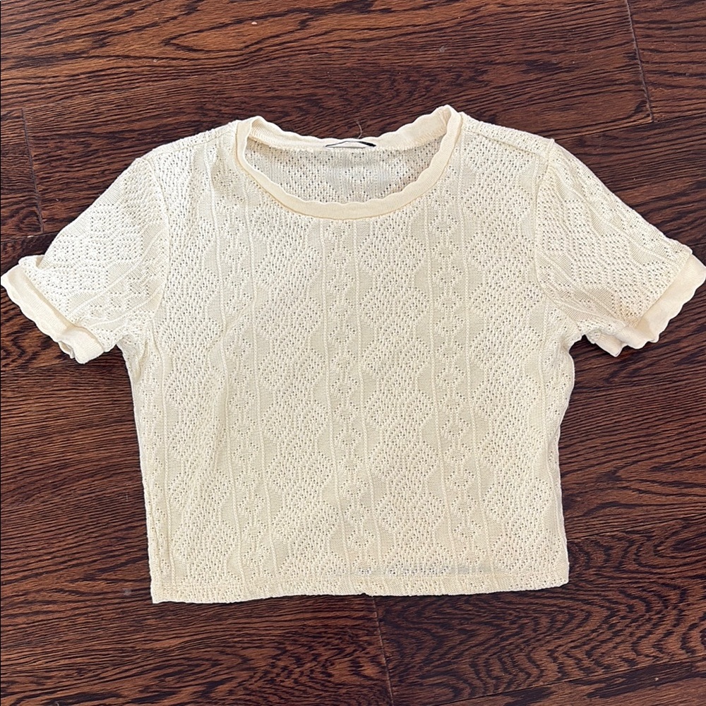 Zara Cream Ribbed Crop Tee Short Sleeve